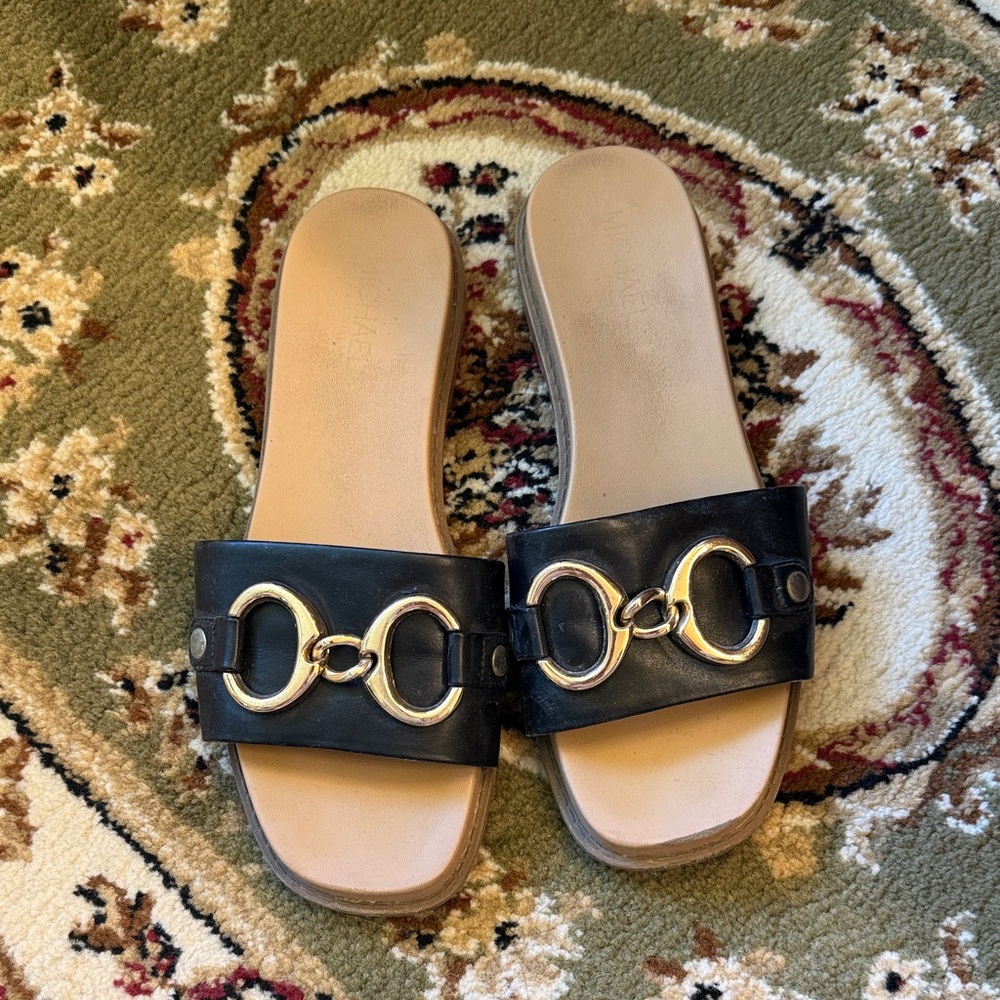 Black Slide Sandals with Gold Hardware